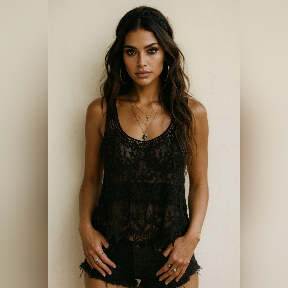 Express Sheer Lace Tank Size S Black Crochet Dark Boho Whimsigoth Top EUC